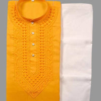 Cotton Embroidered Kurta with Pyjama for Men (Yellow & White)
