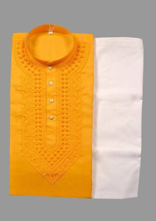 Cotton Embroidered Kurta with Pyjama for Men (Yellow & White)